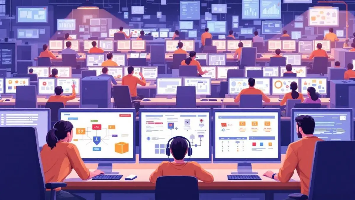 Realistic illustration busy online retail operations center staff monitoring