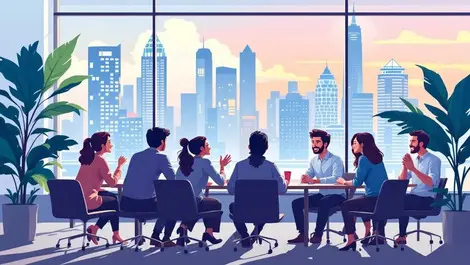 Modern singapore office collaborative meeting happy employees skyline