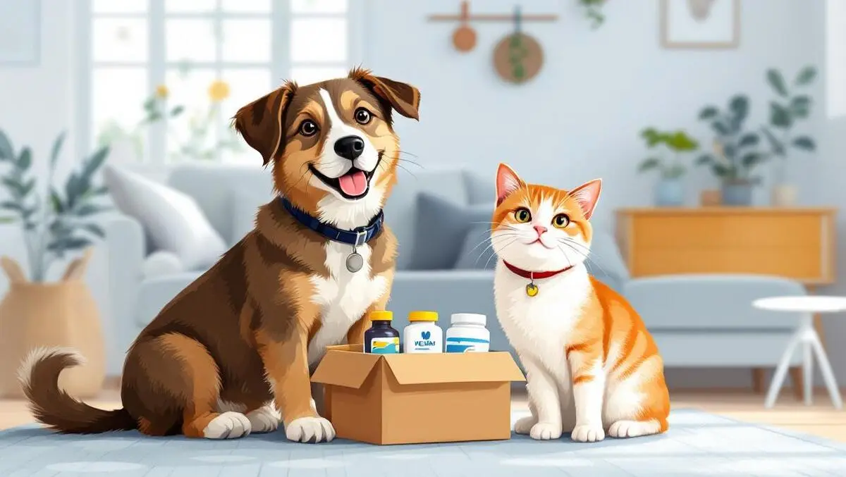 Content dog cat sitting together home delivery box pet care canadian