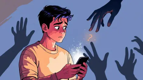 Realistic illustration young adult stressed smartphone digital scams