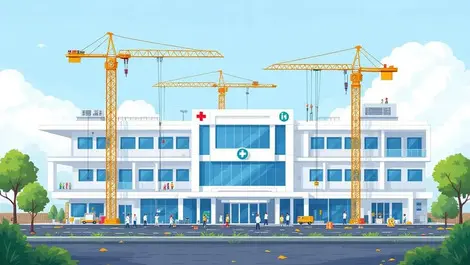 Modern healthcare technology campus construction andhra pradesh cranes equipment workers
