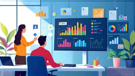 Modern office professionals analyzing colorful hr data charts graphs