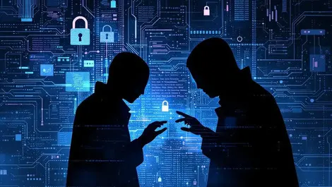 Shadowy humanoid silhouettes digital networks cyber threats abstract