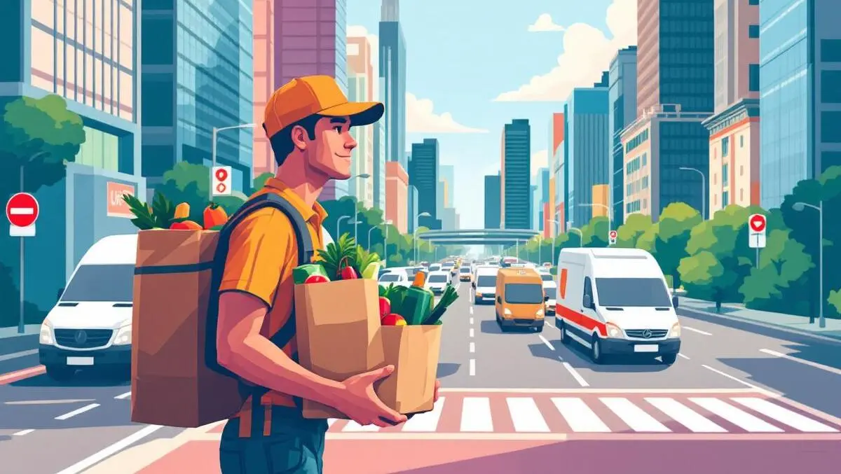 Delivery driver carrying grocery bags bustling cityscape apac urban challenge