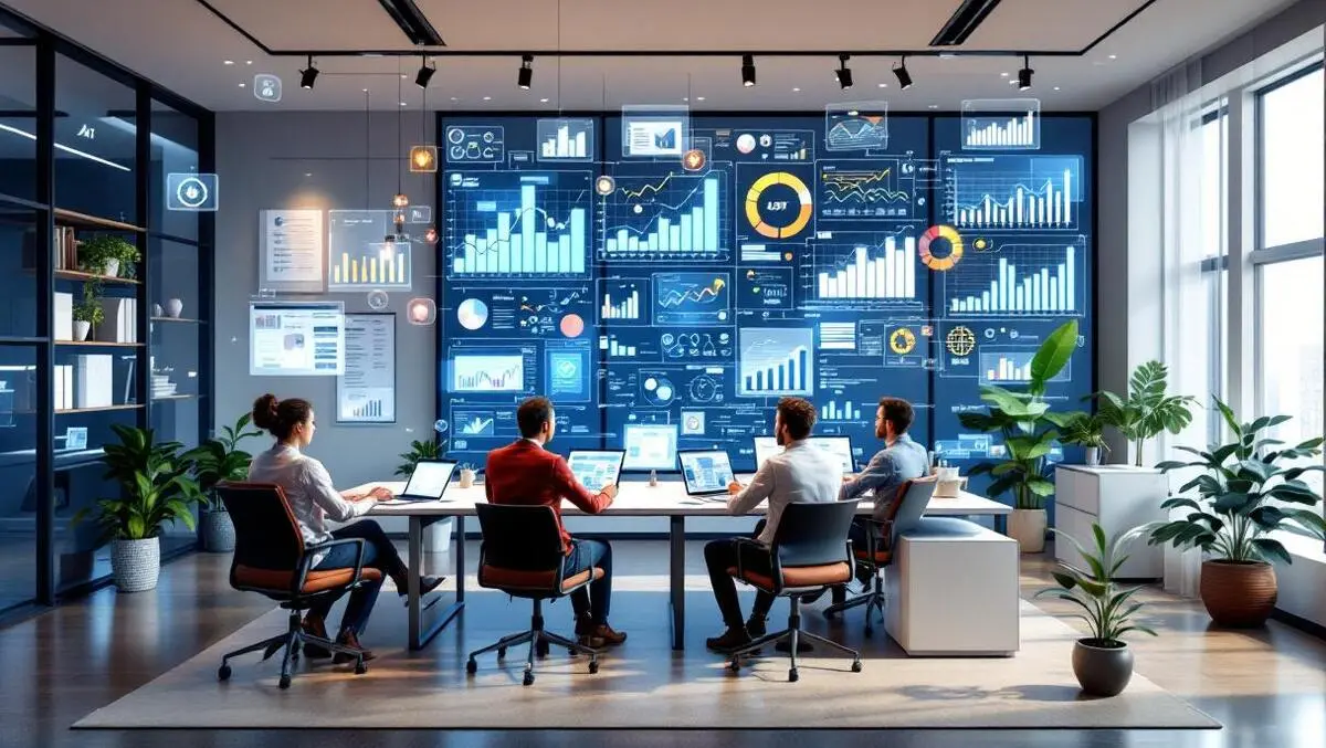 Realistic digital clone modern office businesspeople interacting ai analytics