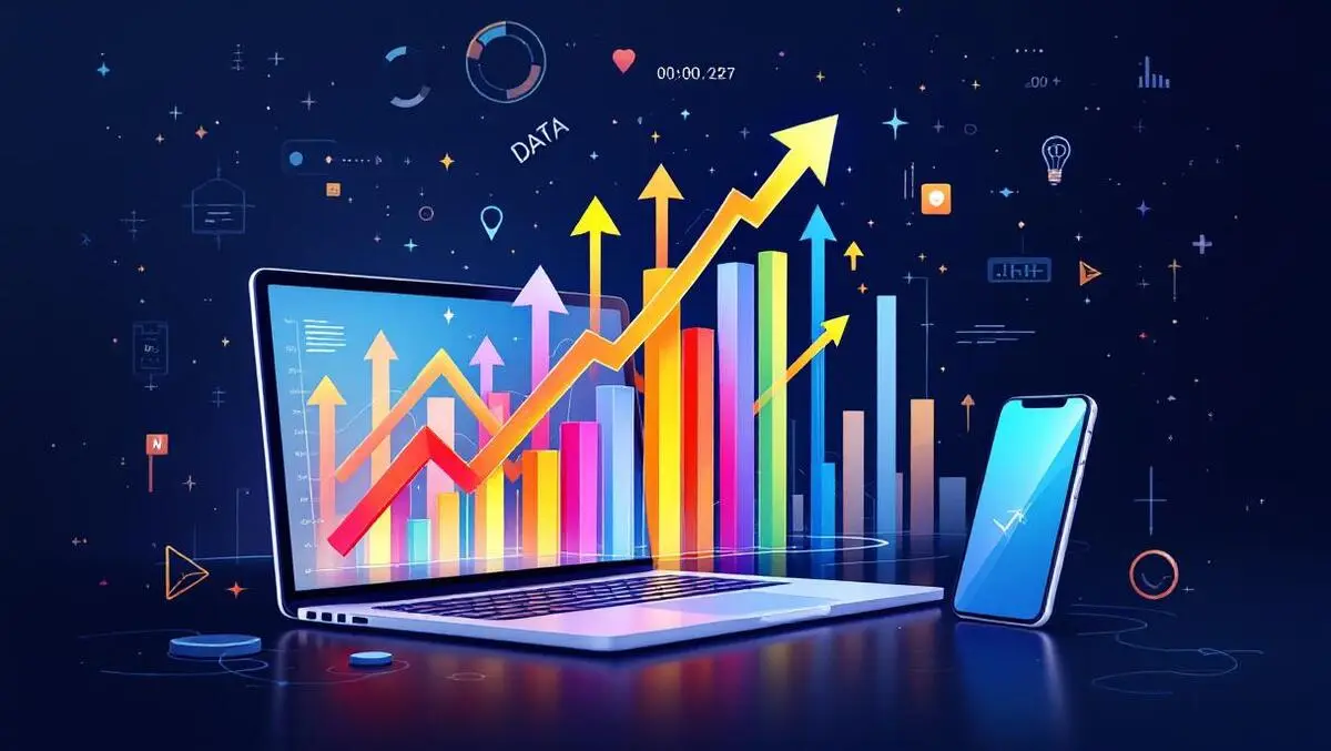 Digital illustration colorful graphs upward arrows laptop smartphone ai growth