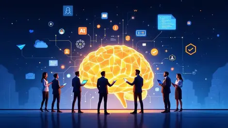 Business professionals collaborating around glowing brain ai workplace