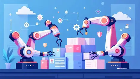 Robotic arms assembling software blocks with security gears clouds tech