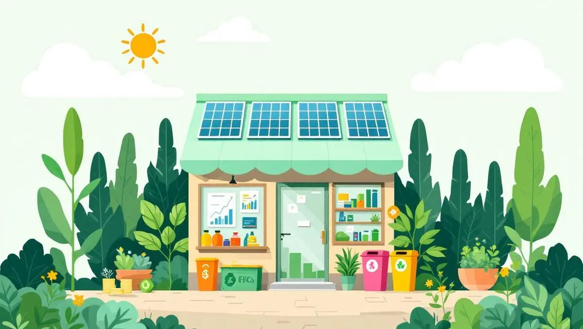 Small canadian business storefront solar panels recycling financial charts sustainability funding