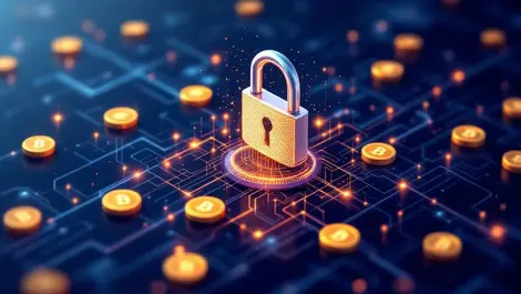 Abstract digital lock blockchain network encryption security financial coins