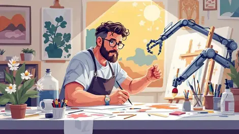 Australian artist in studio traditional art materials robotic arm shadow