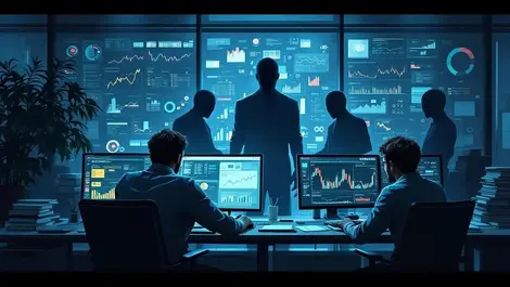 Night finance office analysts ai shadows digital fraud risk scene