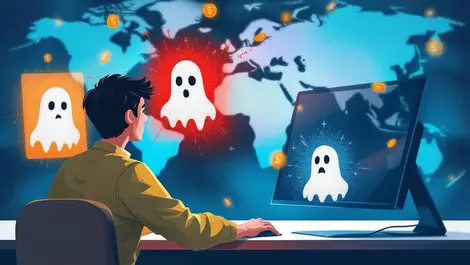 Worried person computer deepfake scammers digital money global fraud