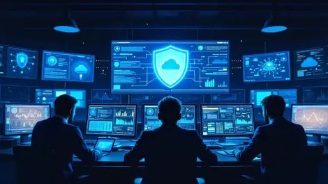Cinematic soc night monitors glowing shield cyber analysts scene