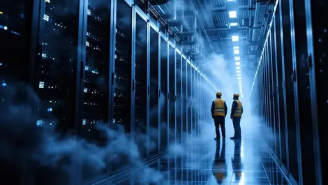Ultra realistic modern datacenter aisle liquid cooled racks techs