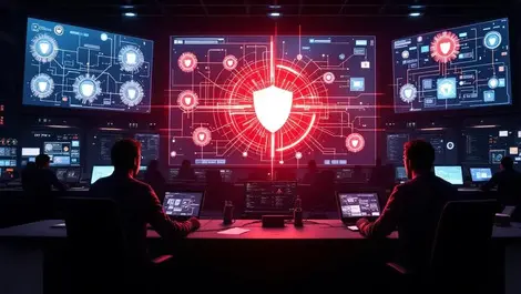 Cinematic datacenter cyber control room attack path blocked scene