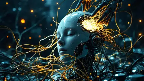 Moody robot head hacked by hands glowing cables dark tech lab