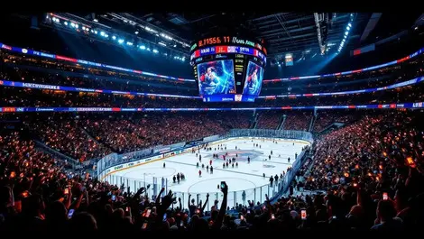Los angeles packed hockey arena night fans phones scoreboard lighting