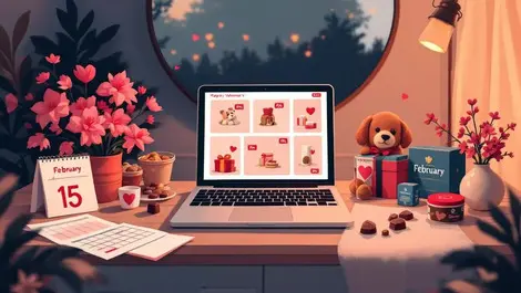 Valentines gift shopping laptop flowers chocolates pets february