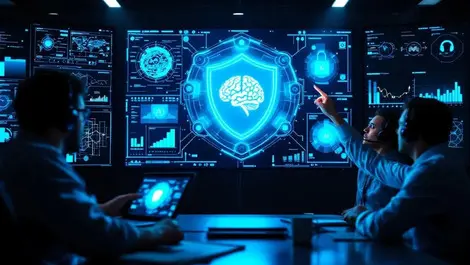 Modern cybersecurity war room ai brain shield team collab