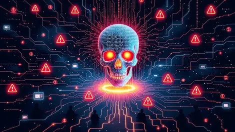 Ai cyber attack glowing digital skull binary storm cloud network