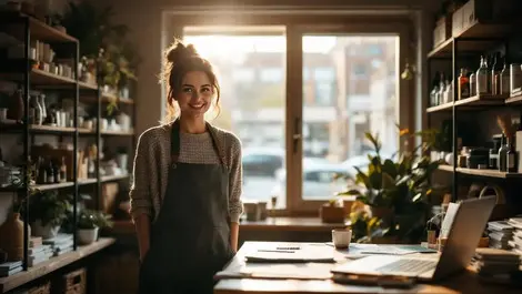 Canadian boutique owner in toronto shop with laptop and papers