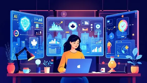 Canadian tech workspace confident woman engineer ai data screens