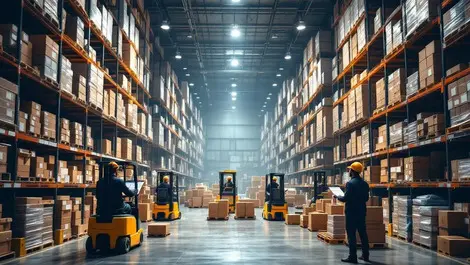 Realistic warehouse shelves forklifts pallets managers logistics