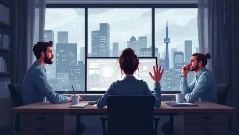 Worried woman toronto office abstract ai interface city skyline