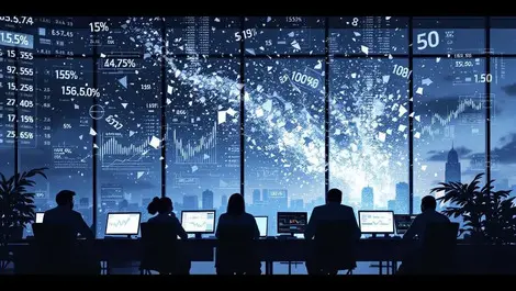 Corrupted ai financial trading office pixelated data streams at dusk