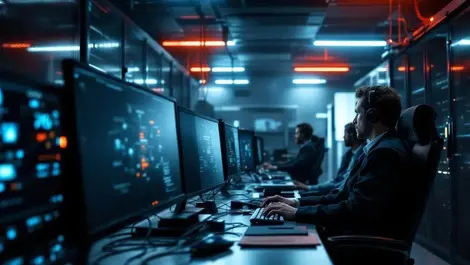 Realistic office server room after data outage it staff restoring backups